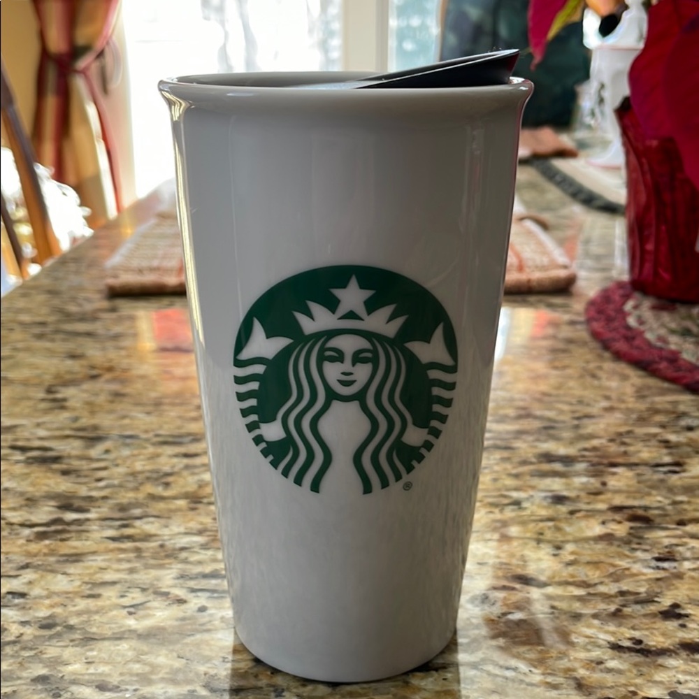 🌎Starbucks Ceramic White Green Siren Logo Travel Tumbler Mug Cup 12 oz. W/ Lid